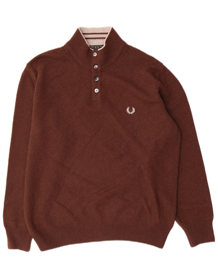 Fred Perry Herre Button Neck Jumper Sweater Stor Brun Uld