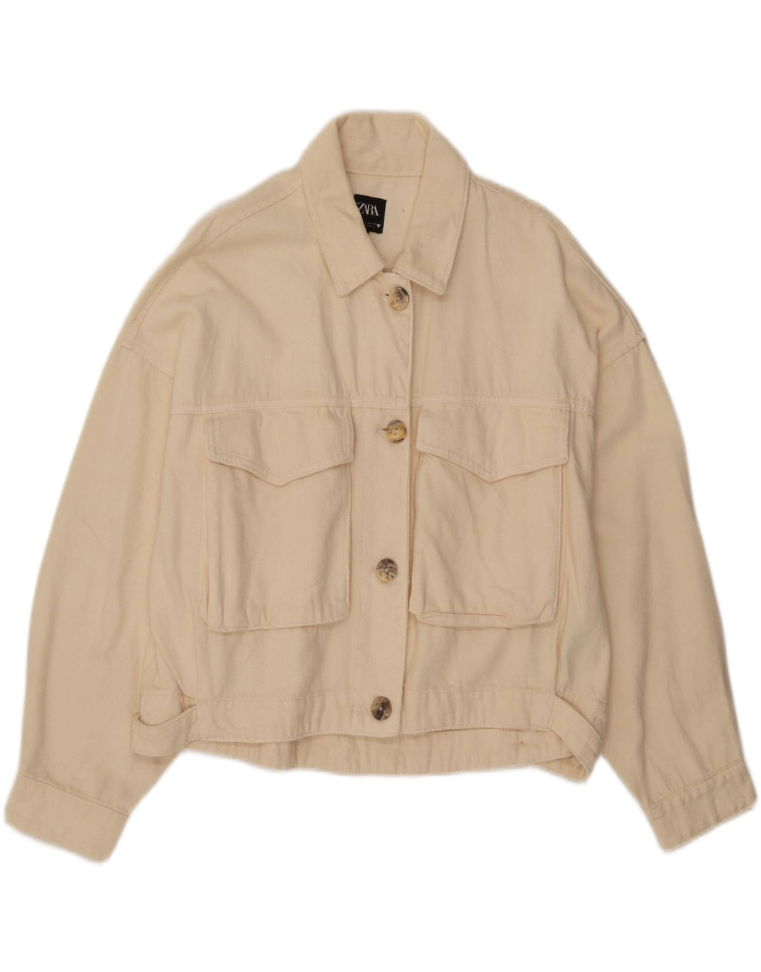 Zara Womens Crop Oversized denimjakke UK 16 Large Off White Bomuld