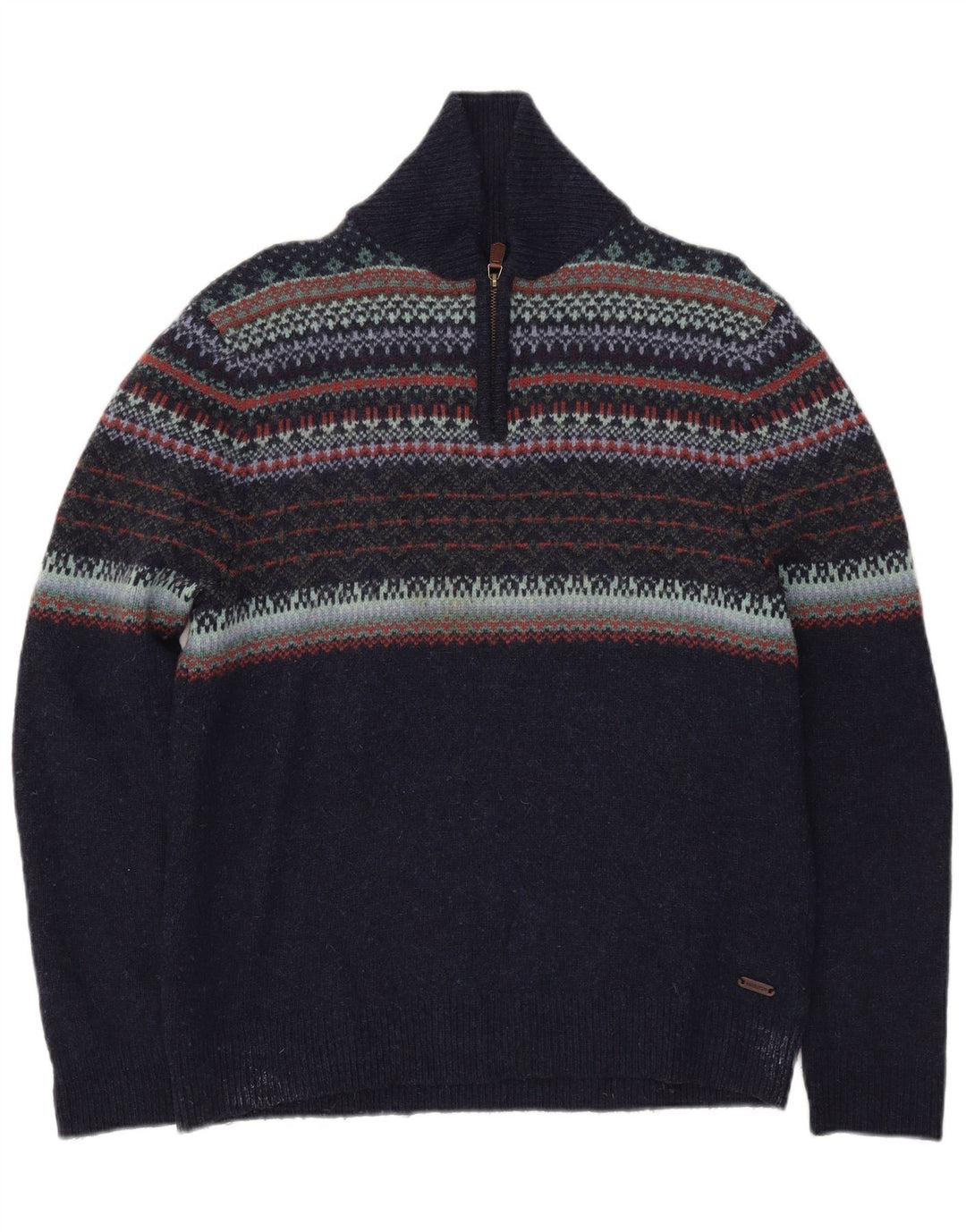 White Stuff Herre Polo Neck Jumper Sweater Large Navy Blue Fair Isle Wool