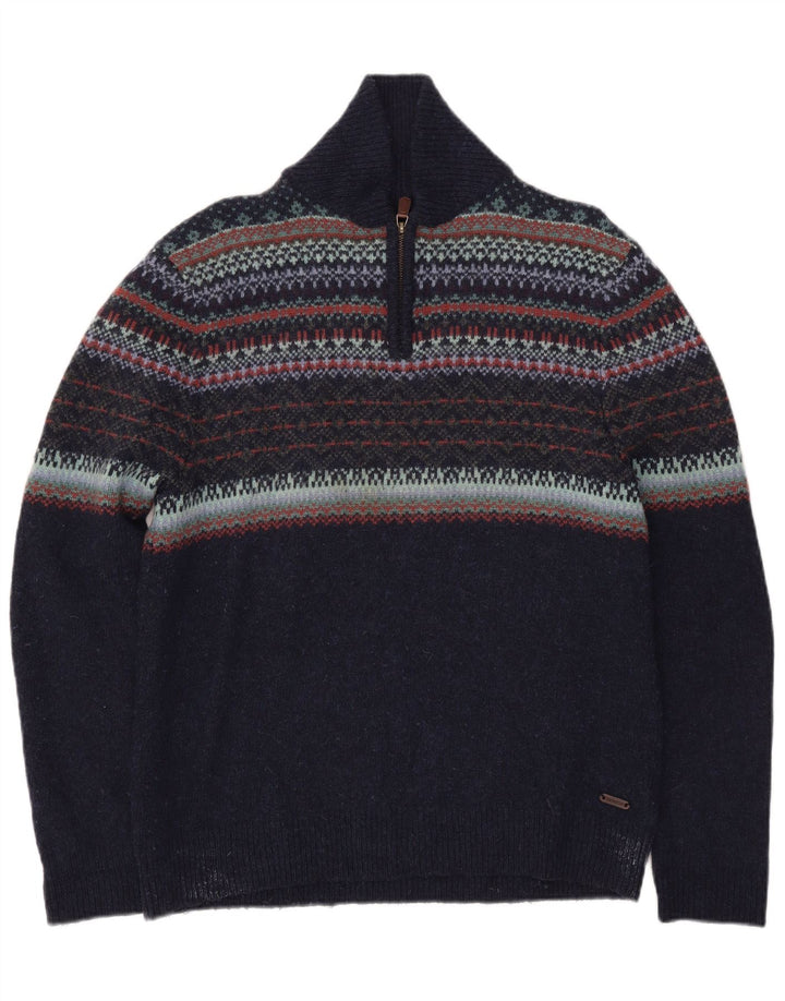 White Stuff Herre Polo Neck Jumper Sweater Large Navy Blue Fair Isle Wool
