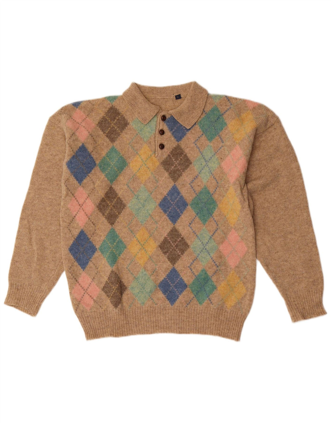 Vintage Herre Polo Neck Jumper Sweater Large Beige Argyle/Diamond Wool