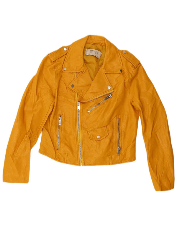 Zara Womens Crop Biker-jakke i imiteret læder UK 10 Lille gul viskose