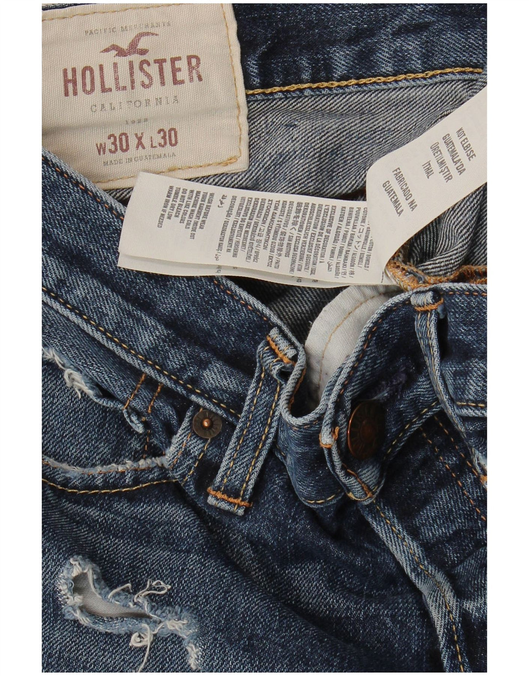 HOLLISTER Mens Distressed Slim Jeans W30 L30 Blue Cotton