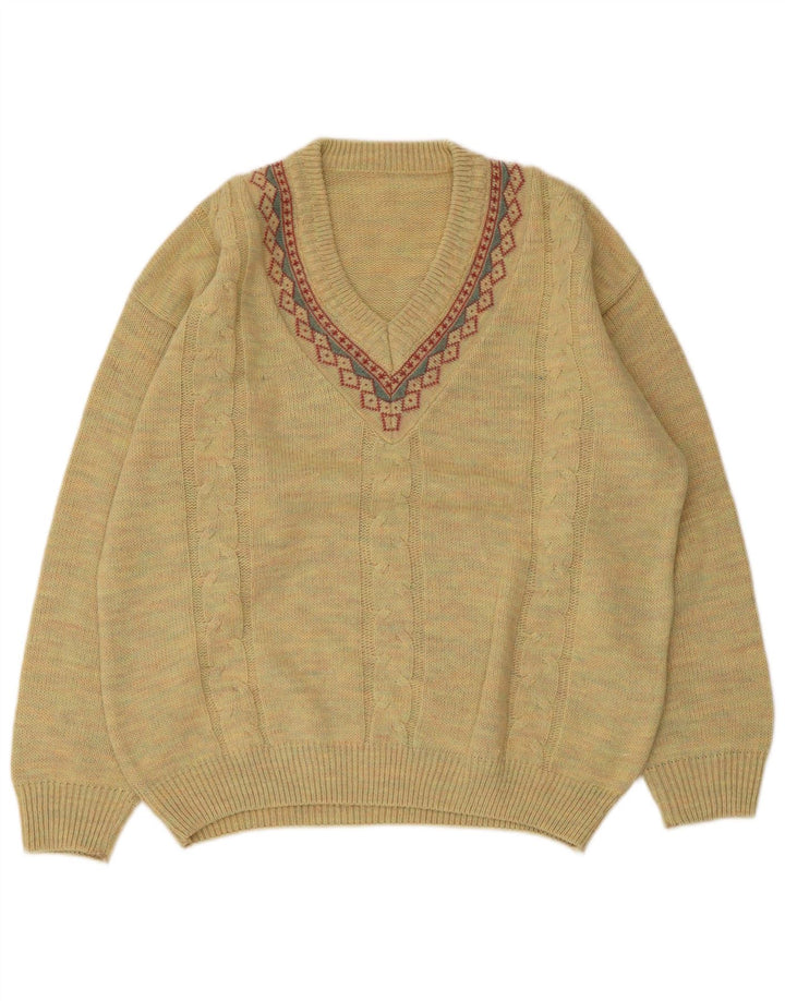 Vintage herre V-hals sweater stor gul geometrisk uld