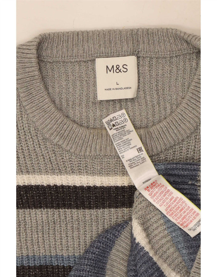 Marks & Spencer Herre sweater med rund hals, stor grå stribet polyester