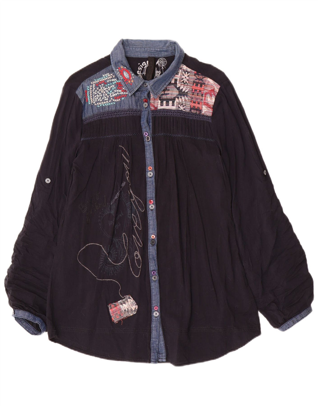 Desigual Kvinders grafisk skjortebluse UK 18 XL Marineblå Patchwork