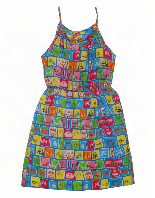 Vintage Kvinders Grafisk Sundress UK 14 Stor Flerfarvet Patchwork Bomuld