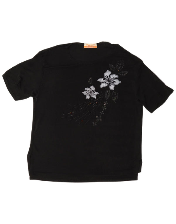 Vintage Dame T-Shirt Top UK 16 Large Black Floral