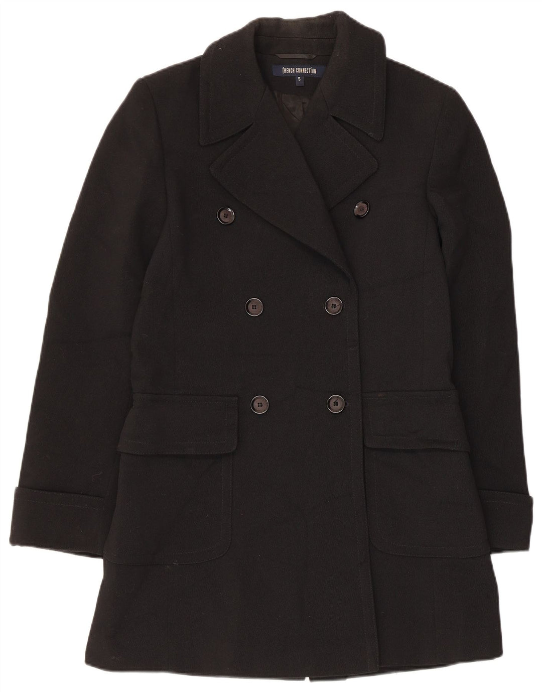French Connection Dame Dobbeltradet Frakke UK 10 Small Black Wool