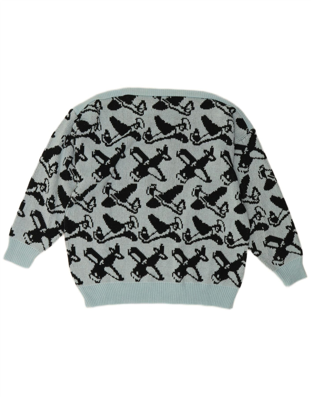 Vintage kvinders abstrakt mønster bådhals sweater EU 40 Medium Blue