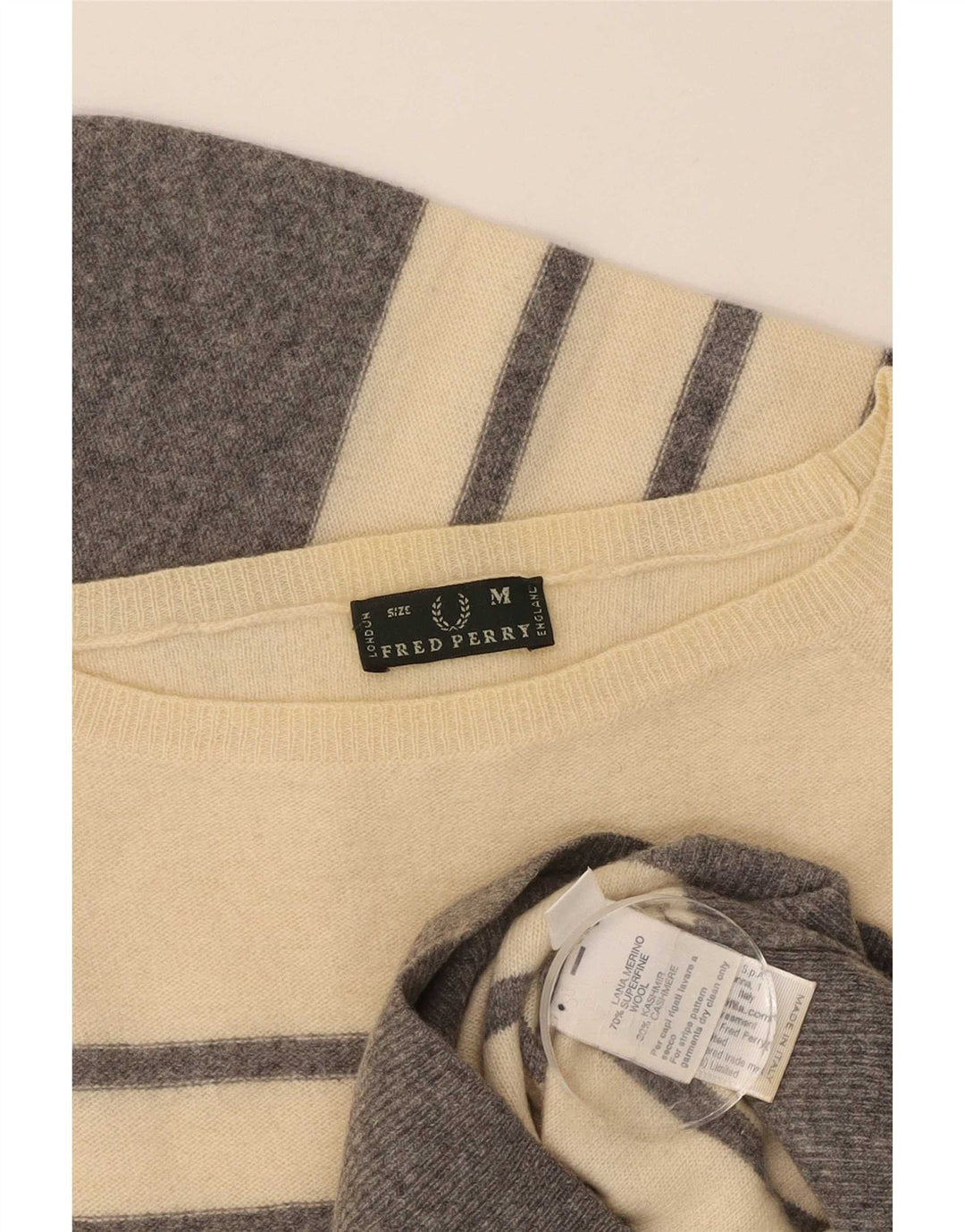 Fred Perry Dame Boat Neck Jumper Sweater UK 12 Medium Beige Stribet Uld