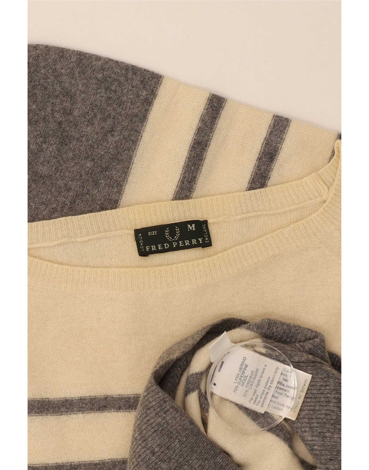 Fred Perry Dame Boat Neck Jumper Sweater UK 12 Medium Beige Stribet Uld