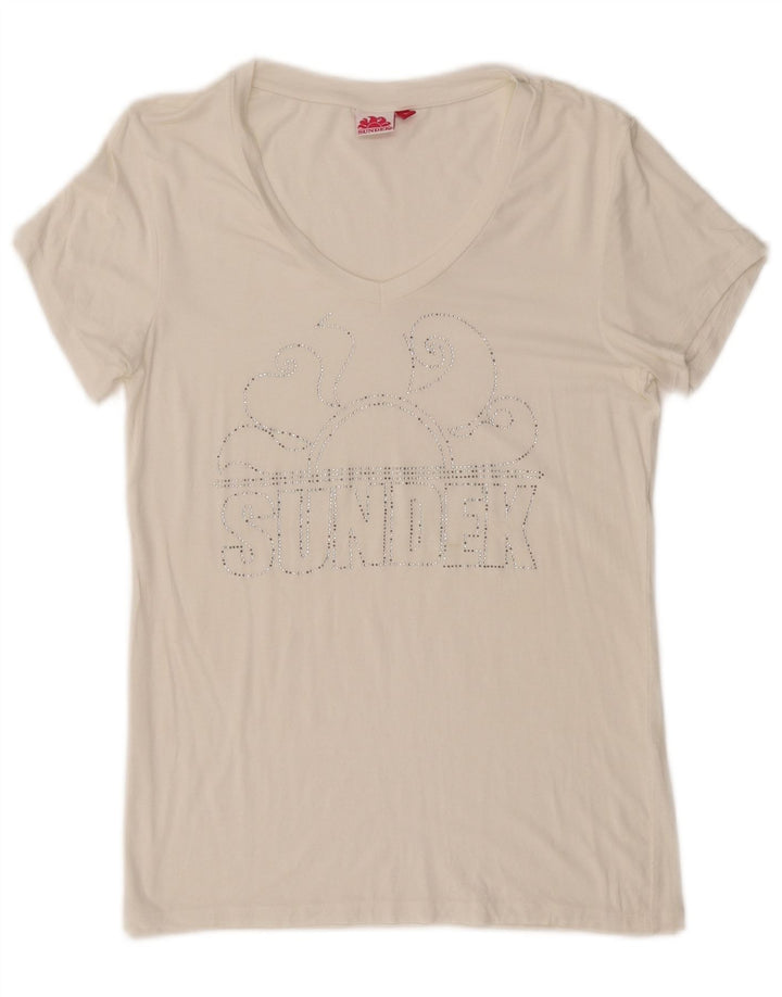 SUNDEK Dame Grafisk T-Shirt Top UK 14 Large White