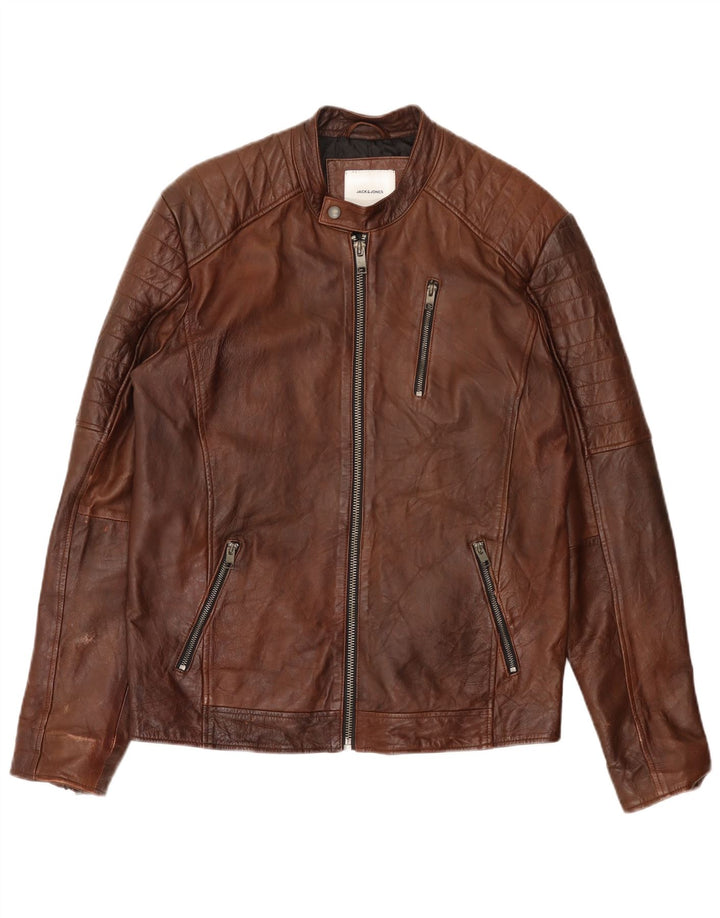 Jack & Jones Herre Læder Biker Jacket UK 40 Stor Brun Læder