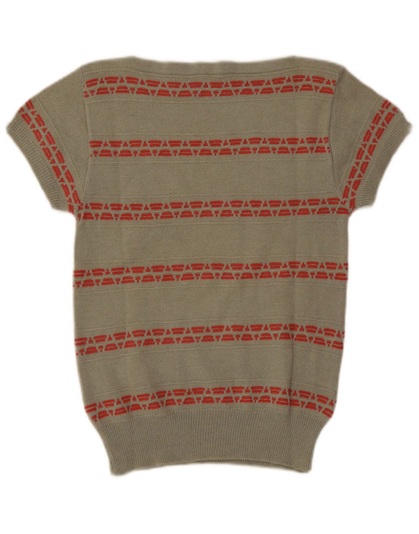 Vintage Dame Kortærmet Boat Neck Jumper Sweater UK 6 XS Khaki Striped