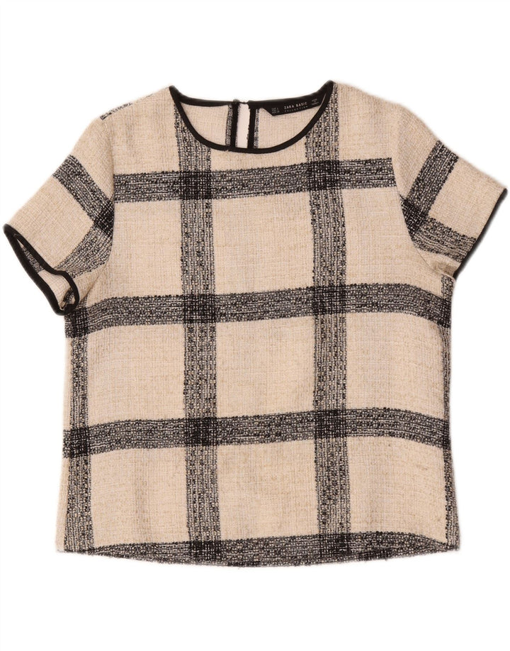 Zara Dame Bluse Top UK 16 Stor Off White Plaid akryl