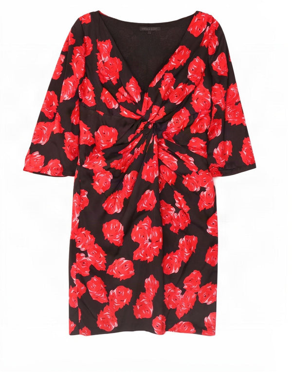 Coast Kvinders 3/4 ærmer Skede Kjole UK 16 Large Black Floral Silke