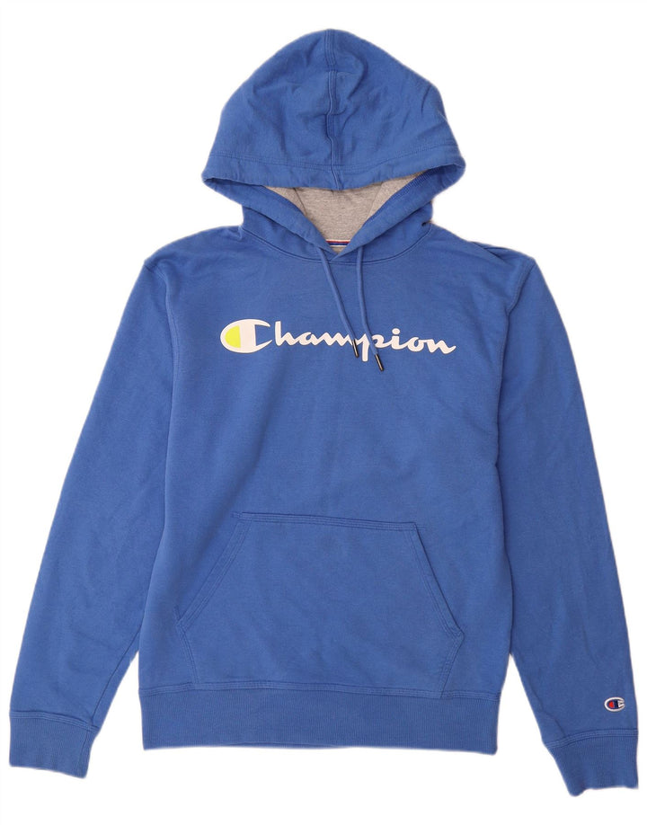 CHAMPION Mens Graphic Hoodie Jumper Small Blue Cotton