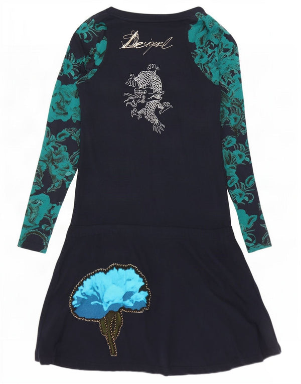 Desigual Womens Long Sleeve Drop Waist Dress UK 12 Medium Navy Blue Floral