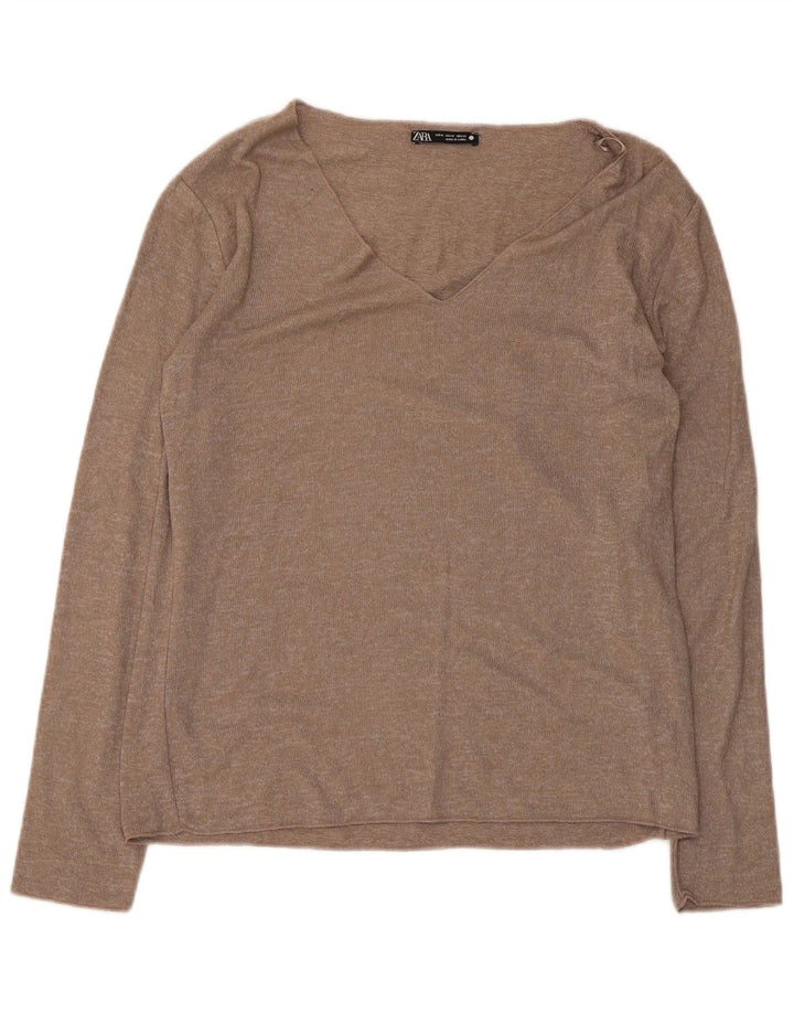 Zara Dametop Langærmet UK 12 Medium Brun Viscose