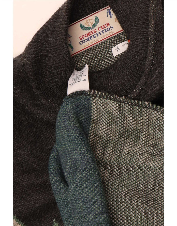 Vintage Herre Turtle Neck Jumper Sweater XL Grå Geometrisk Uld
