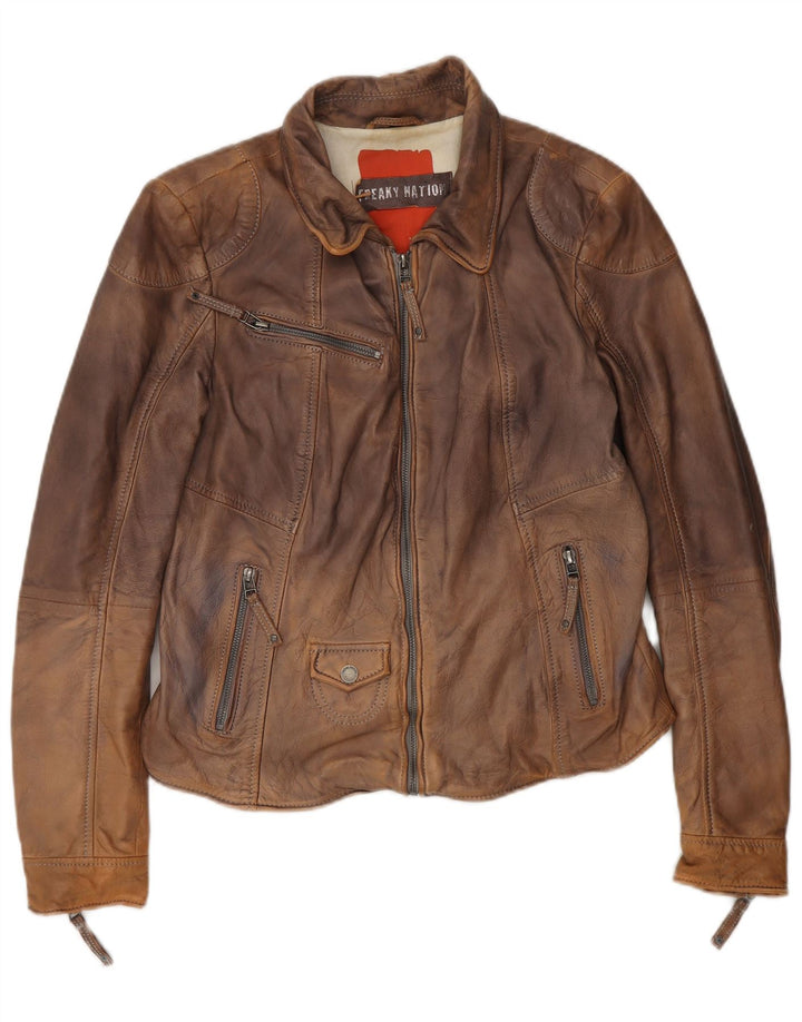 Freaky Nation dame bikerjakke i læder UK 14 medium brun