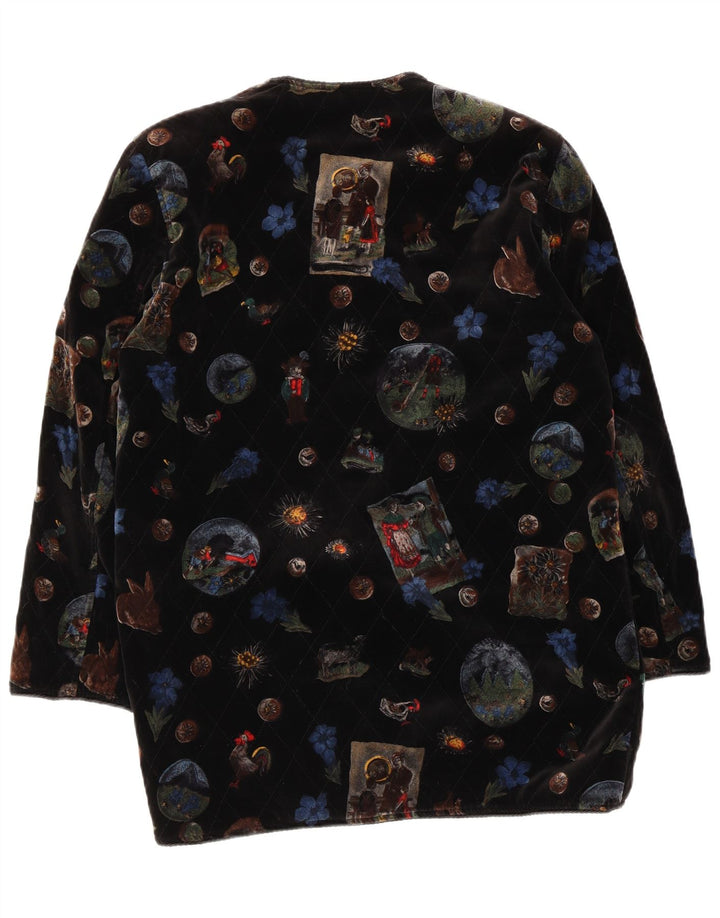 Vintage Kvinders Grafisk Velvet Overfrakke UK 12 Medium Black Floral