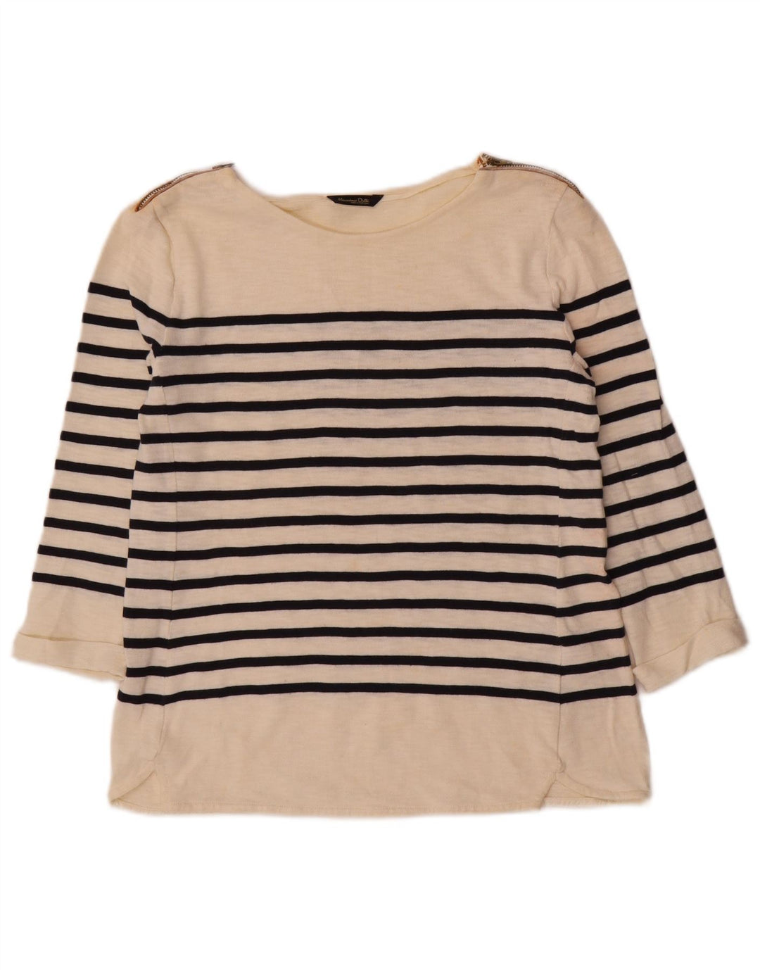 Massimo Dutti Dame Top 3/4 ærmer UK 12 Medium Off White Stribet bomuld