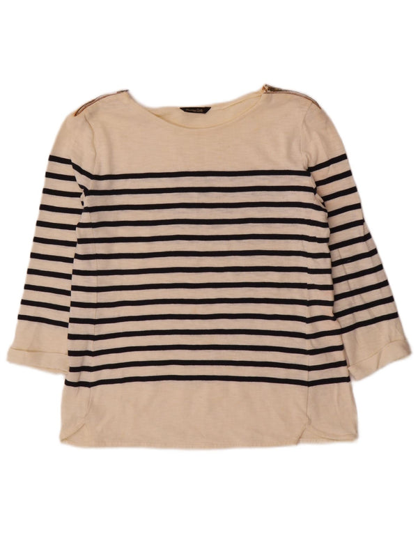 Massimo Dutti Dame Top 3/4 ærmer UK 12 Medium Off White Stribet bomuld