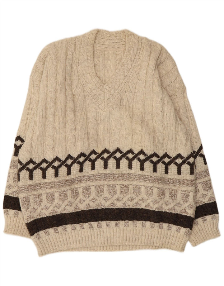 Vintage Herre V-hals sweater Medium Beige Fair Isle Akryl