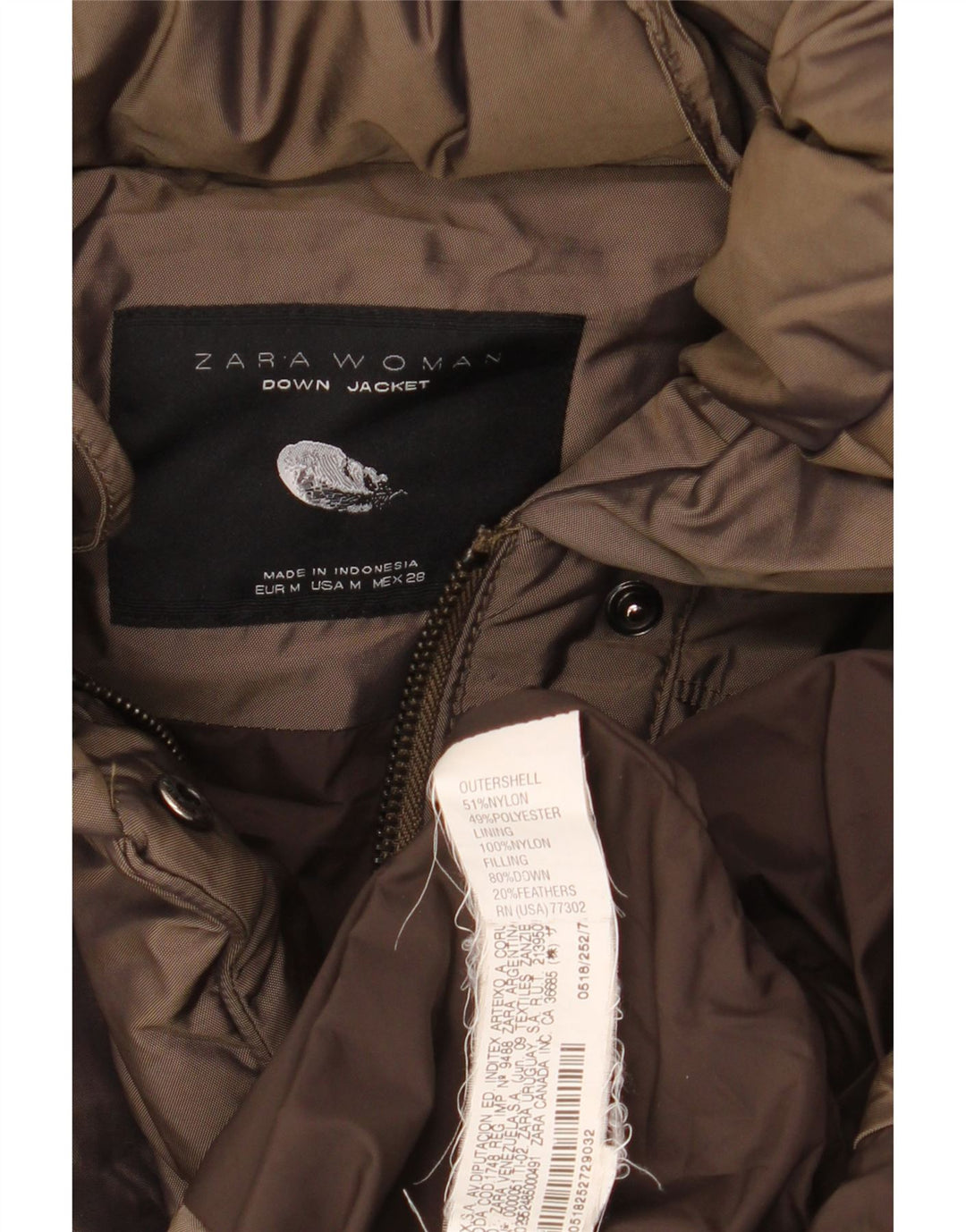 Zara Dame Polstret Frakke UK 14 Medium Brun Nylon