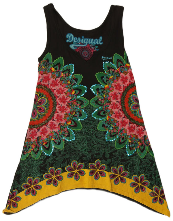 Desigual Womens Sleeveless Tunic Dress UK 14 Large Black Floral Cotton