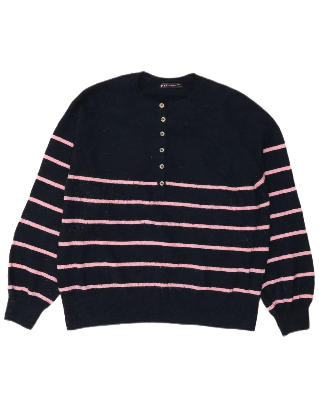 MARKS & SPENCER Sweater med knaphals til kvinder UK 14 Medium Navy Blue