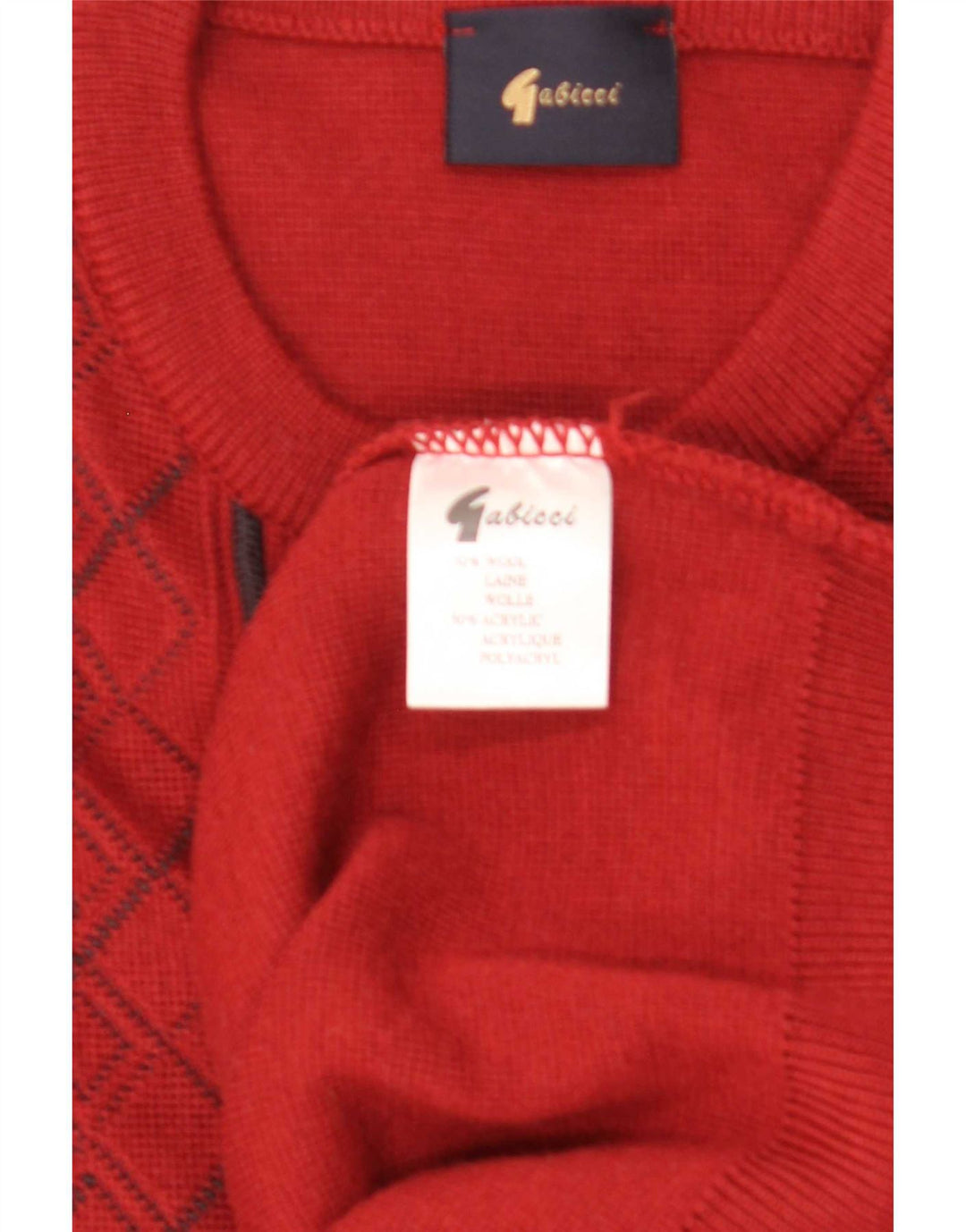 Gabicci Herre Crew Neck Jumper Sweater Large Red Argyle/Diamond Wool