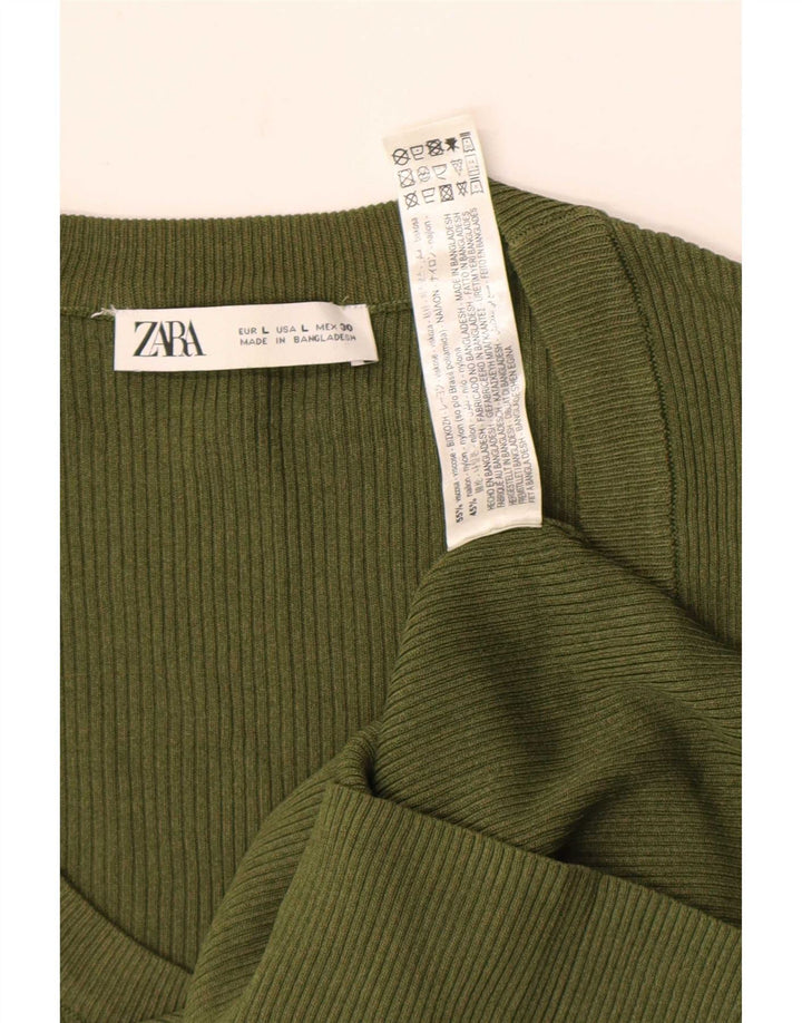 Zara Dame Top Langærmet UK 14 Stor Khaki Viscose