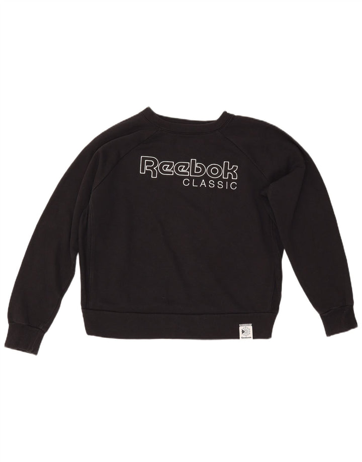 REEBOK Grafisk Sweatshirt Jumper UK 14 Medium Sort Bomuld