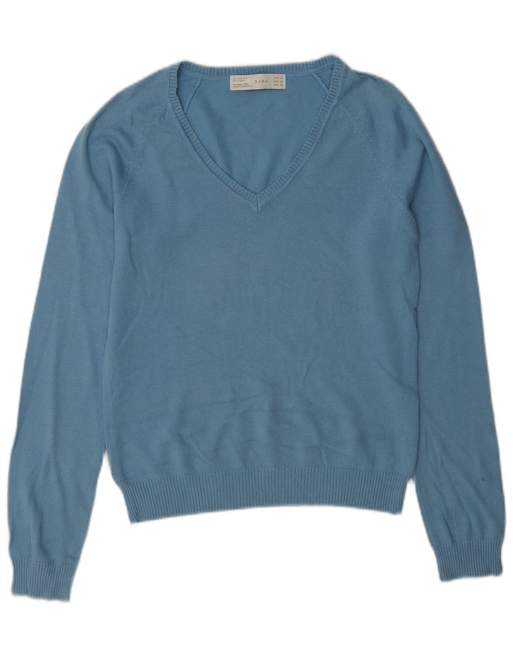 Zara Dame V-hals sweater UK 12 Medium Blue Bomuld