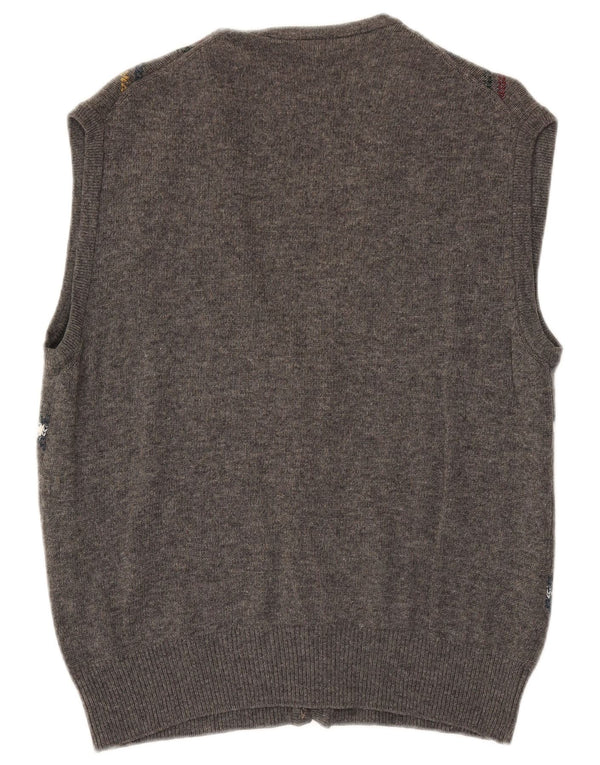 VINTAGE Herre ærmeløs cardigan sweater Large Grey Argyle/Diamond