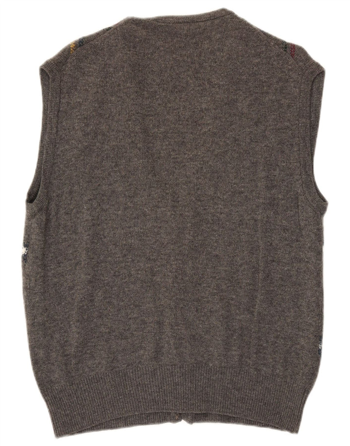 VINTAGE Herre ærmeløs cardigan sweater Large Grey Argyle/Diamond