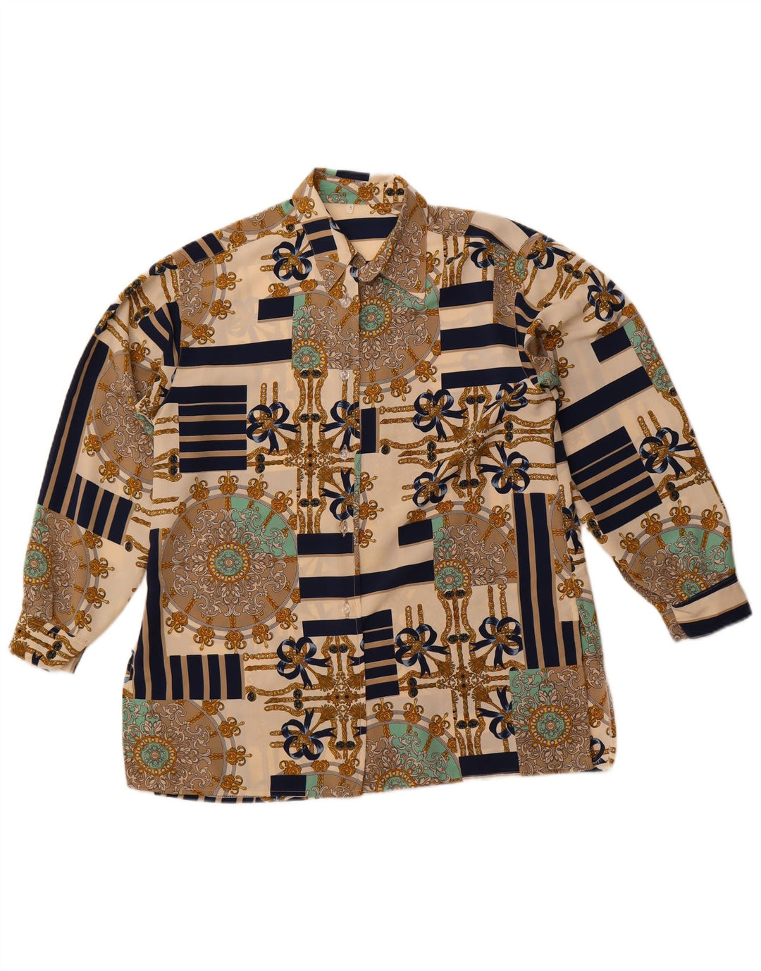 Vintage kvinders abstrakt mønster Oversized skjortebluse UK 10 Small Beige