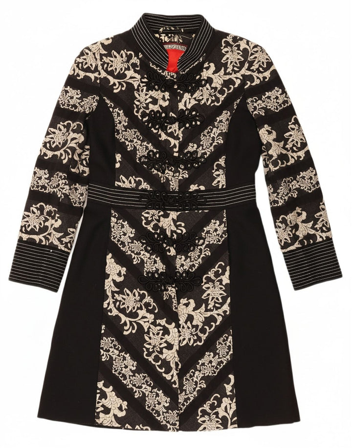 ST- MARTINS Womens Overcoat UK 14 Medium Black Floral Cotton