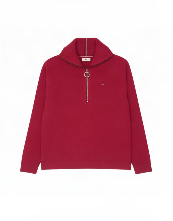 Tommy Hilfiger Dame Zip Neck Jumper Sweater UK 16 Large Burgundy