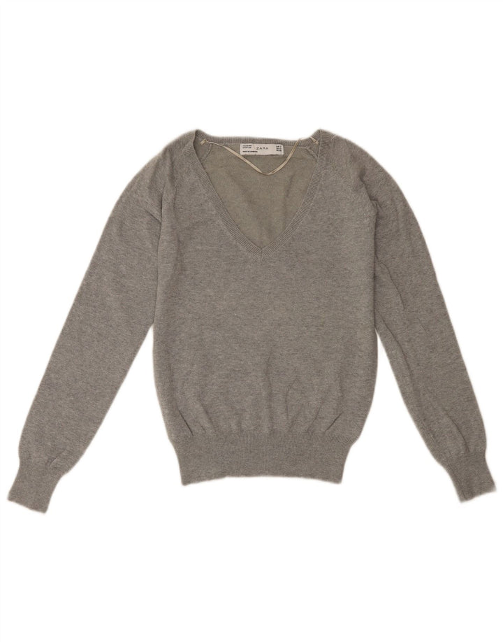 ZARA Womens Crop V-hals sweater UK 10 Small Grey Bomuld