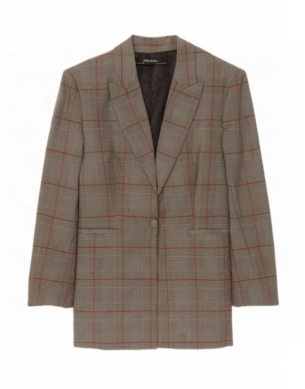 Zara Womens 1 Button Blazer Jacket UK 12 Medium Grey Check Polyester