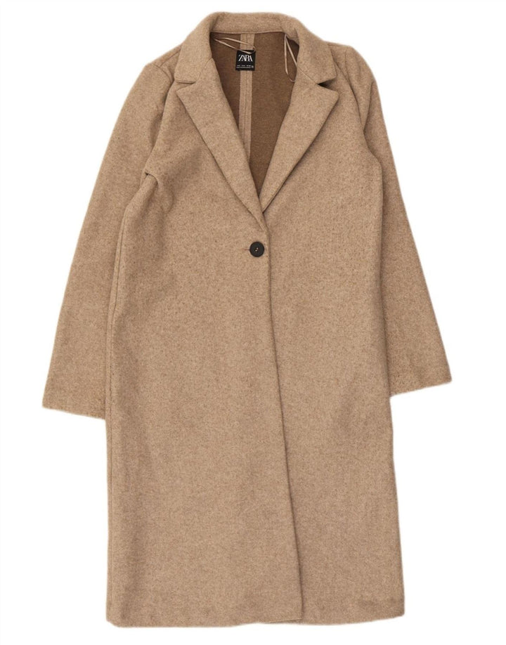 Zara Dame Overfrakke UK 10 Small Beige Polyester