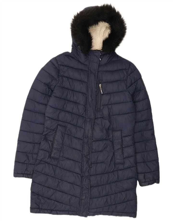 SUPERDRY Womens Hooded Padded Coat UK 14 Large Navy Blue Nylon