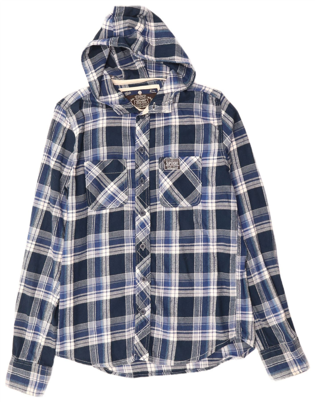 SUPERDRY Flanelskjorte med hætte til mænd Medium blå ternet bomuld