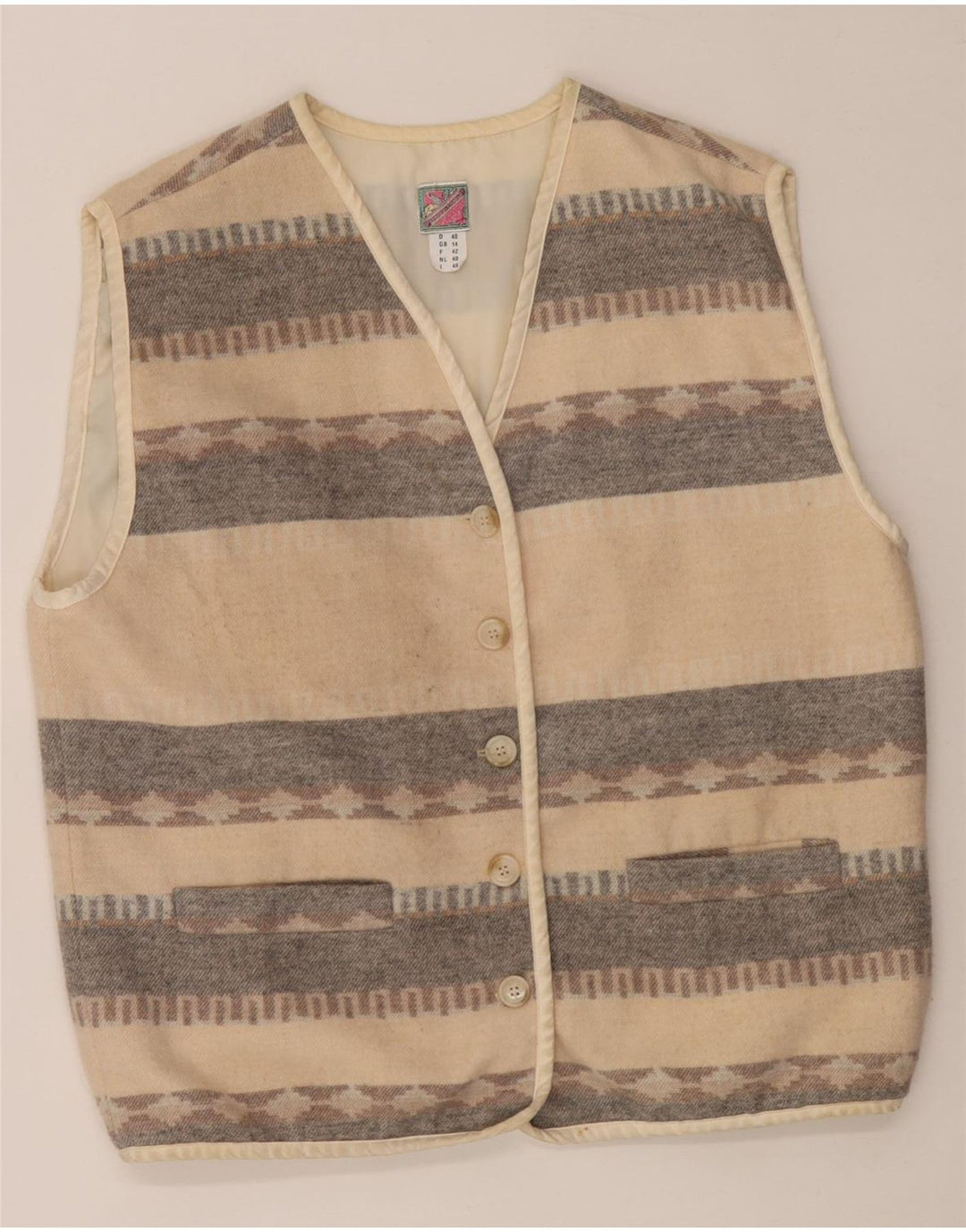 Vintage Dame Gilet UK 14 Stor Beige Geometrisk Uld