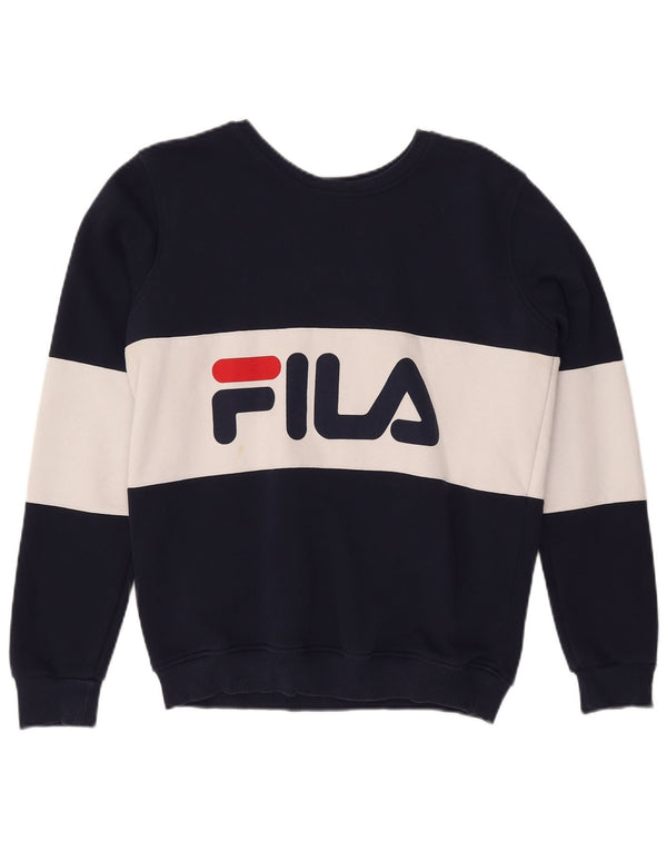 FILA Graphic Sweatshirt Jumper UK 12 Medium Navy Blue Colourblock