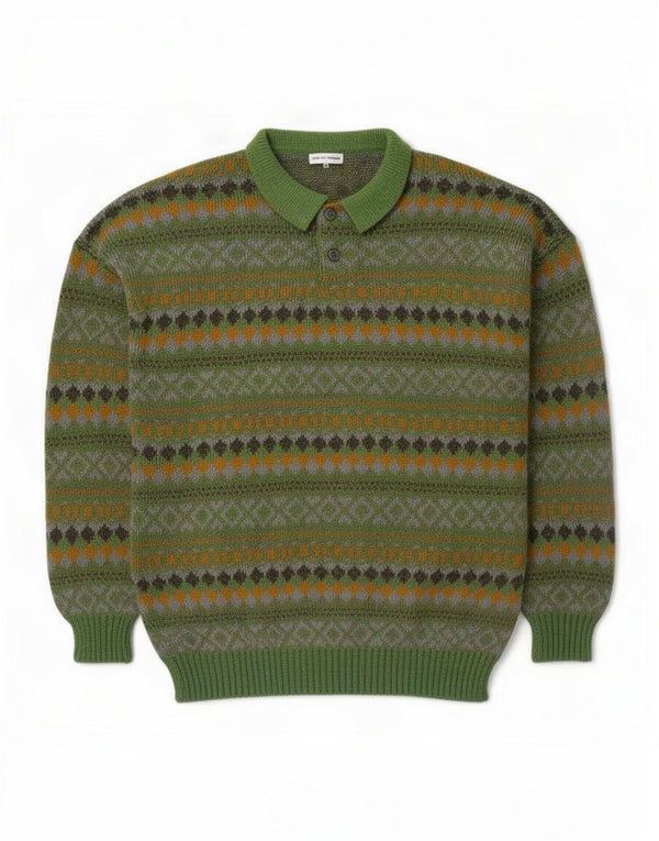 Vintage Herre Polo Neck Jumper Sweater Medium Green Fair Isle Wool